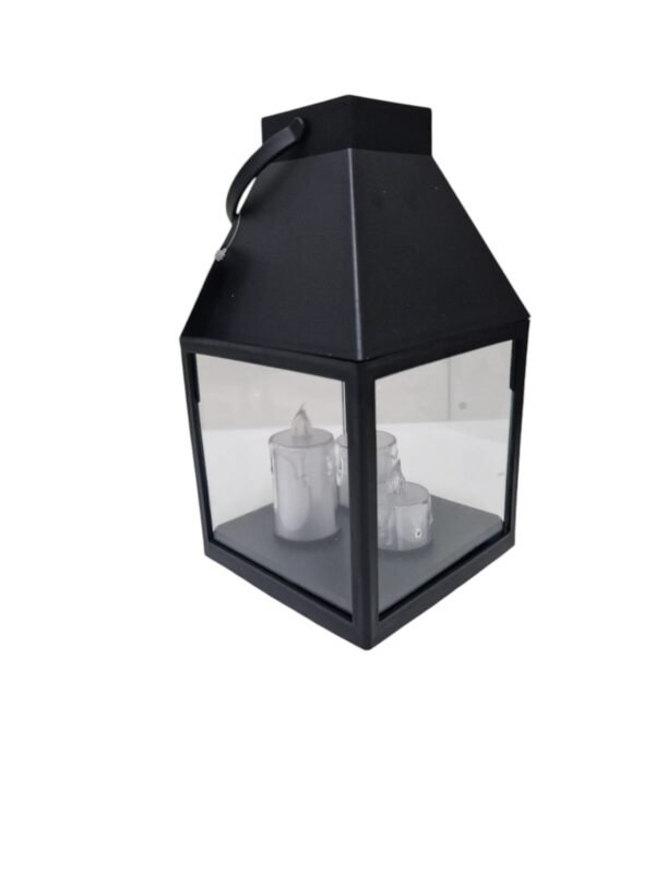Czarny Lampion Plastikowy z 3 Białymi Świecami LED h 25cm/13 cm